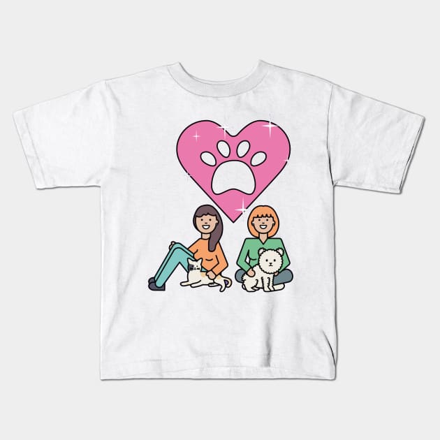 Pets Lovers Design - Cute Girls With Pets, Cool Cat And Dog Kids T-Shirt by Seopdesigns